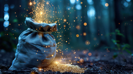 An enchanting scene featuring a luminous bag spilling golden light in a tranquil forest, creating a magical and serene atmosphere surrounded by glowing particles.の素材
