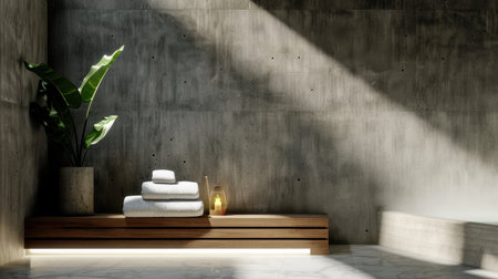 A tranquil modern spa interior featuring a minimalist design with soft lighting and lush green plant accents, creating a serene environment for relaxation.の素材