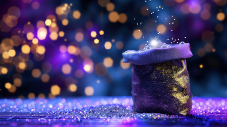 A captivating image featuring a shimmering magic bag surrounded by sparkles on a softly blurred colorful background, perfect for evoking themes of celebration and wonder.の素材