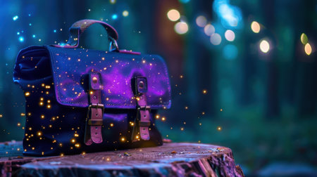 A mystical leather bag rests gracefully on a tree stump, surrounded by glowing particles that create a magical atmosphere in a serene forest.の素材