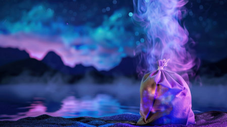 A captivating image showcasing a colorful bag emitting vibrant smoke against a starry night sky, reflecting beautifully on calm water.の素材
