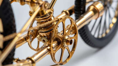 Close-up view of intricate golden bicycle gears and mechanisms, highlighting detailed craftsmanship and design, perfect for showcasing mechanical artistry.の素材