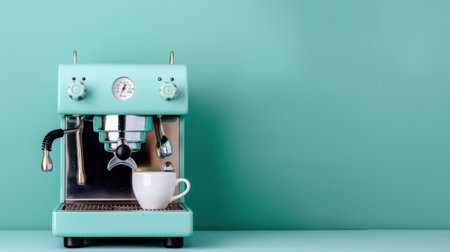 A retro mint espresso machine sits on a vibrant background, showcasing a steaming cup ready for brewing. Perfect for coffee shop themes or home kitchens.の素材