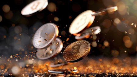 This captivating image showcases Bitcoin coins elegantly falling against a dark backdrop, enhanced by shimmering particles, symbolizing digital wealth and innovation.の素材