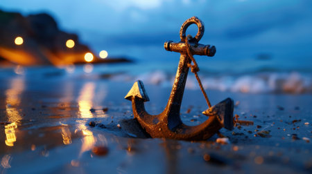 A close-up view of a rusty anchor on a sandy beach, surrounded by gentle waves and twinkling lights from distant shores, invoking a tranquil seaside mood.の素材