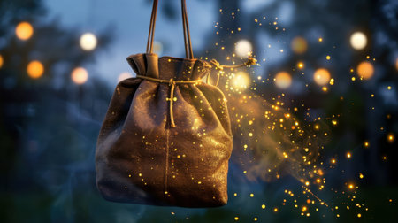 A stunning leather bag emits glowing particles in an enchanting outdoor setting, illuminated by soft bokeh lights during twilight, creating a magical atmosphere.の素材