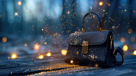 A mesmerizing black handbag rests on a wooden surface, surrounded by enchanting sparkles in a dreamy forest setting at dusk. This stylish accessory embodies elegance and luxury, perfect for fashion enthusiasts.の素材
