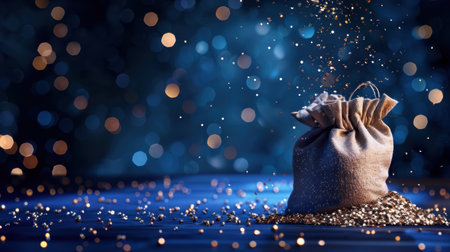 A charming burlap bag spills golden sparkles over a serene blue surface, creating a magical ambiance with bokeh lights and a festive spirit.の素材