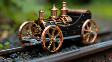 A stunning close-up of a vintage toy locomotive model on train tracks surrounded by nature, showcasing detailed craftsmanship and antique design elements.の素材