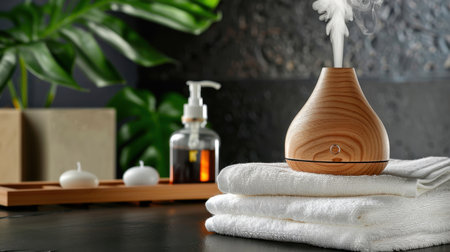 A serene scene featuring an elegant wooden aroma diffuser releasing soothing mist amidst neatly arranged towels and candles, promoting relaxation and tranquility.の素材