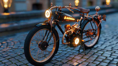 A beautifully crafted vintage motorcycle stands on a cobblestone street, illuminated by creative lighting at dusk, showcasing intricate details and artistic design.の素材