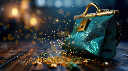 A stunning green handbag adorned with glittering particles, set against a warm wooden background. This image captures luxury and elegance, perfect for fashion themes.の素材