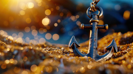 A captivating close-up view of a rustic anchor partially buried in golden sand, bathed in warm sunlight with a beautiful bokeh background effect, evoking feelings of tranquility and adventure.の素材