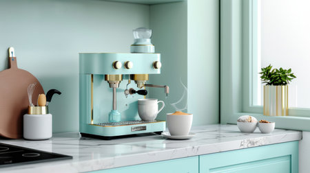 Modern kitchen scene featuring a stylish mint green espresso machine, marble countertop, and a cup of fresh brewed coffee. Perfect for coffee lovers.の素材