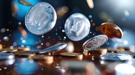 A captivating image showcasing coins falling in a dynamic motion, symbolizing wealth and financial success, set against a vibrant and bright background.の素材
