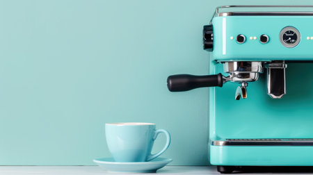 A stylish mint green espresso machine sits next to a delicate cup on a countertop, showcasing modern coffee culture and enjoying daily routines. Perfect for baristas!の素材
