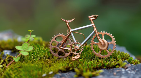 A beautifully crafted miniature bicycle model rests on vibrant green moss, showcasing intricate details and gears. The tranquil nature setting enhances the artistic appeal.の素材