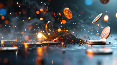 A captivating image showcasing an explosion of coins and dust with dynamic lighting, creating a vibrant atmosphere for finance and investment themes.の素材