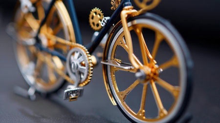 This image captures a close-up view of a beautifully crafted model bicycle with intricate gears and stunning gold details, showcasing exceptional artistry and design.の素材