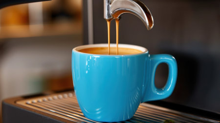A vibrant blue coffee cup captures the essence of a freshly brewed espresso, pouring seamlessly from a stylish espresso machine in a cozy setting.の素材