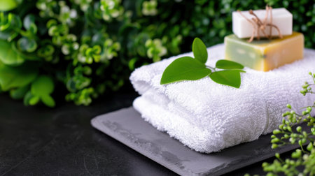 A serene arrangement featuring a soft white towel, natural soap bars, and fresh green leaves on a dark surface, perfect for promoting relaxation and wellness.の素材