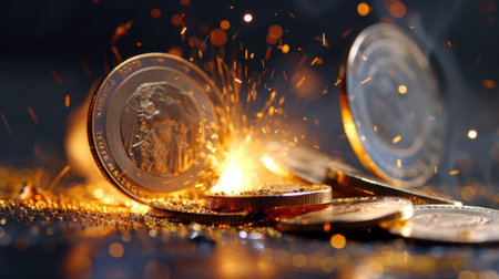 A close-up shot of shiny coins surrounded by flying sparks, creating a dynamic and vibrant scene filled with energy and artistic flair.の素材