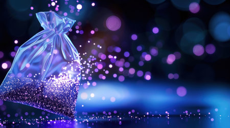 A mesmerizing image featuring a transparent bag filled with vibrant glitter, creating an enchanting and colorful background perfect for festive celebrations.の素材