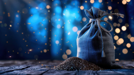 A blue velvet bag rests on a textured wooden surface, spilling shimmering particles. The soft bokeh light creates a magical and enchanting atmosphere, perfect for portraying themes of mystery and elegance.の素材