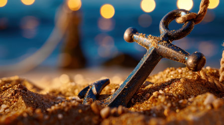 A captivating close-up of a metal anchor resting on soft sand, illuminated by twinkling lights at the shoreline, evoking a serene beach atmosphere.の素材