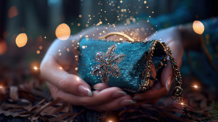 A hand gently cradles a decorative green purse adorned with an intricate design. The serene outdoor setting is enhanced by soft sparkles, creating a captivating atmosphere.の素材