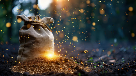 A beautiful scene showcasing a sack spilling golden dust onto rich soil, illuminated by soft light and surrounded by sparkling particles in a serene forest.の素材