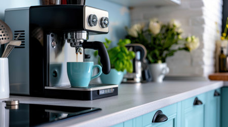 A sleek coffee maker positioned on a chic kitchen countertop, surrounded by fresh herbs and elegant decor, creating a warm and inviting atmosphere.の素材