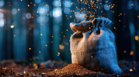 This captivating image features a magical bag of golden dust resting on the forest floor, surrounded by enchanting sparkles under a twilight sky.の素材
