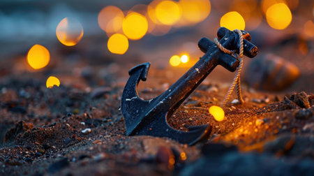 This captivating image features a vintage anchor nestled in sandy beach surroundings, illuminated by soft bokeh lights. The warm glow enhances the tranquil atmosphere, evoking feelings of relaxation and nostalgia. Perfect for travel, nature, and marine-themed projects.の素材
