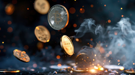 A captivating scene featuring falling Bitcoin coins amidst swirling smoke and sparkling lights, creating a dynamic and modern visual representation of cryptocurrency.の素材