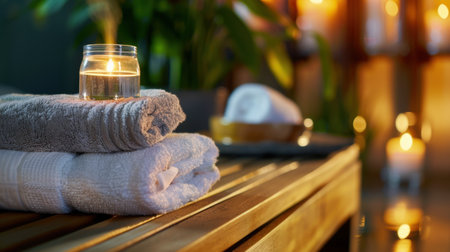 A serene spa scene featuring soft towels stacked neatly, a glowing candle, and a warm ambiance, perfect for wellness and relaxation at home or a retreat.の素材