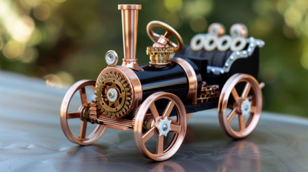 This enchanting vintage style toy steam car showcases exquisite brass accents and intricate design elements, perfect for collectors or decorative displays.の素材