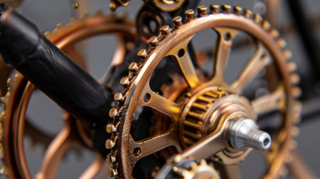 A detailed close-up view of intricate metallic gears and cogs showcasing the craftsmanship and industrial design in machinery, highlighting their vintage aesthetic and functionality.の素材