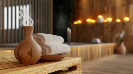 Experience a serene spa environment featuring rolled towels and elegant wooden decor. This tranquil setting embodies relaxation and wellness for rejuvenation.の素材