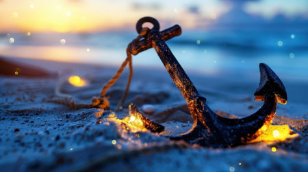 A captivating scene featuring a weathered anchor resting on sandy beach, illuminated by soft lights, with vibrant sunset and ocean waves, creating a serene atmosphere.の素材