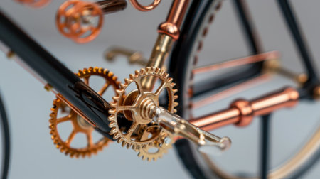 This close-up photo showcases the intricate details of vintage bicycle gears and crankset, featuring stunning gold and copper elements against a minimalist background.の素材