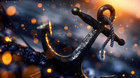 A stunning close-up of an old anchor rests against a blurred backdrop of shimmering water, with warm bokeh effects creating a serene nautical atmosphere.の素材