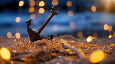 A vintage metal anchor stands prominently on a sandy beach, beautifully complemented by soft bokeh lights in the background, evoking a tranquil seaside atmosphere.の素材