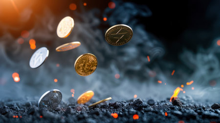 A captivating scene featuring coins falling through a foggy atmosphere, illuminated by glowing embers, creating a dynamic and artistic visual effect.の素材