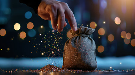 A hand is releasing colorful glitter from a fabric bag, creating a magical scene enhanced with soft bokeh lights in the background. Perfect for festive celebrations.の素材