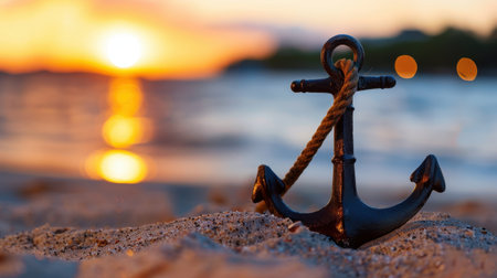 A tranquil beach scene captures an anchor resting on sand, with a stunning sunset casting warm colors over calm waters. Perfect for serene vibes.の素材