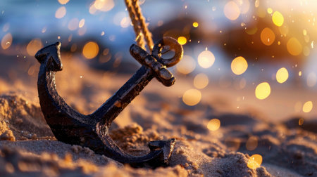 A beautifully detailed close-up of a rustic anchor nestled in soft beach sand, illuminated by glimmering sunlight and a stunning bokeh effect.の素材