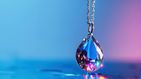 A mesmerizing close-up of a colorful teardrop pendant highlights its intricate facets and brilliant reflections in a soft light backdrop.の素材