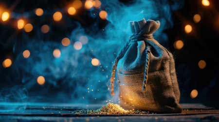 A captivating burlap bag appears in a smoky setting, spilling golden dust, enhanced by dreamy bokeh lights, creating an ambiance of mystery and magic.の素材