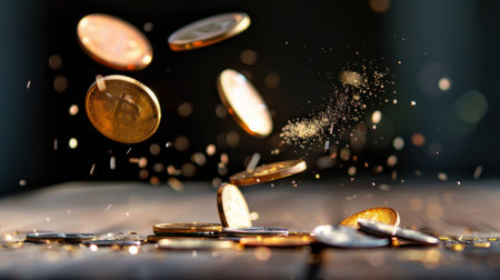 A captivating scene of golden and silver coins cascading down, surrounded by sparkling dust particles, set on a rustic wooden table.の素材